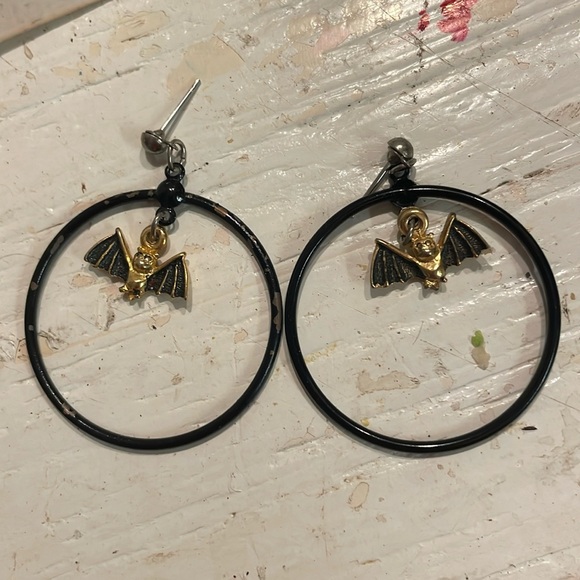 1.75” LeNoir Spoiled Rotten Lilith golden bat open hoop stud earrings - Picture 1 of 10